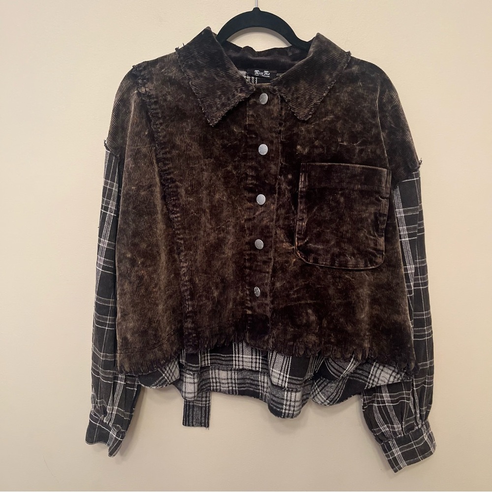 NWT Miss Me Corduroy and Plaid Button Shacket Brown Women's Size Large